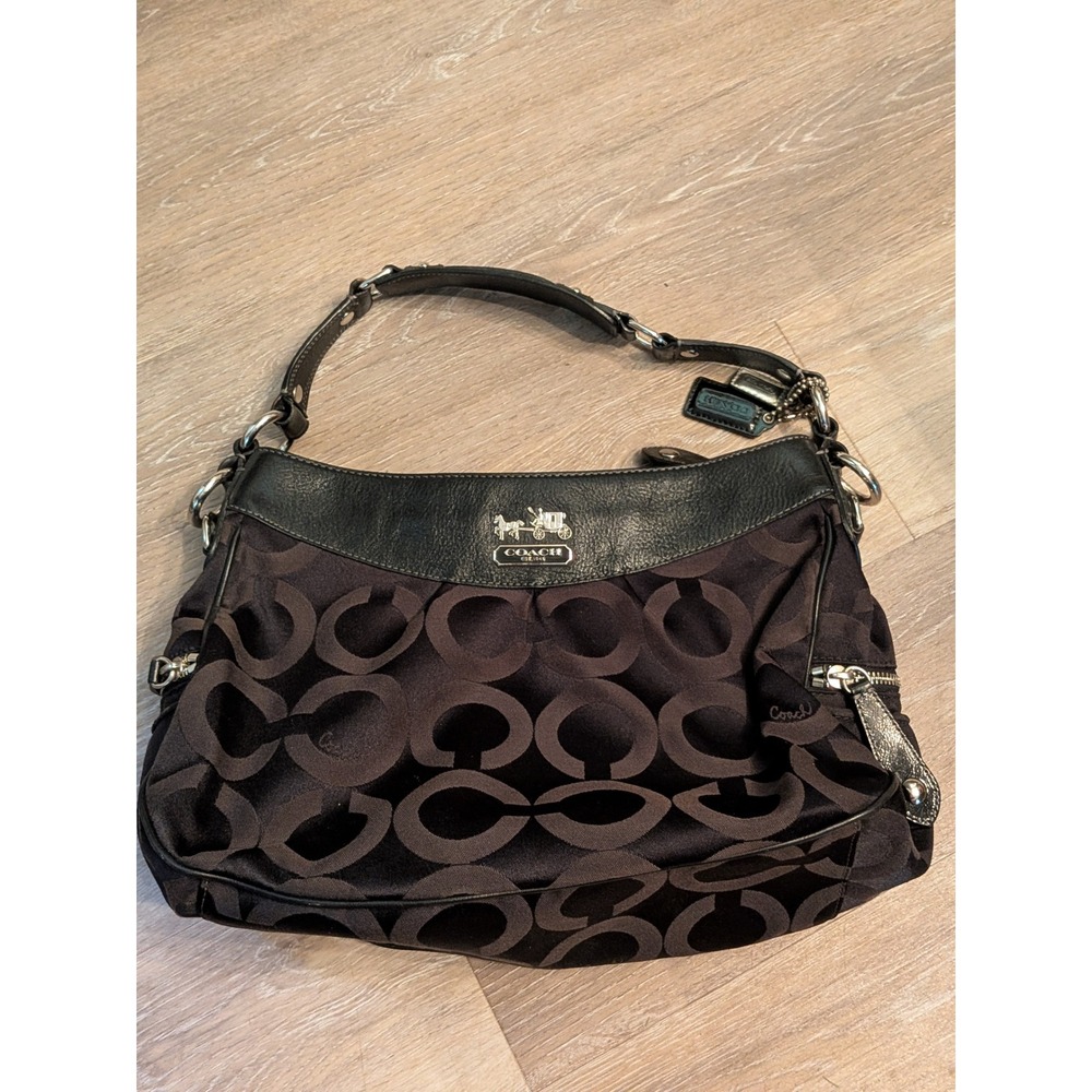 Coach Madison Signature Black Pleated Hobo Bag Leather Trim 13252
